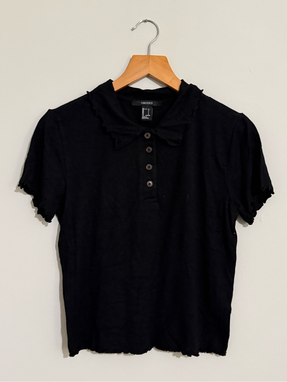Forever 21 Black Ribbed Polo Tee - Short Sleeve